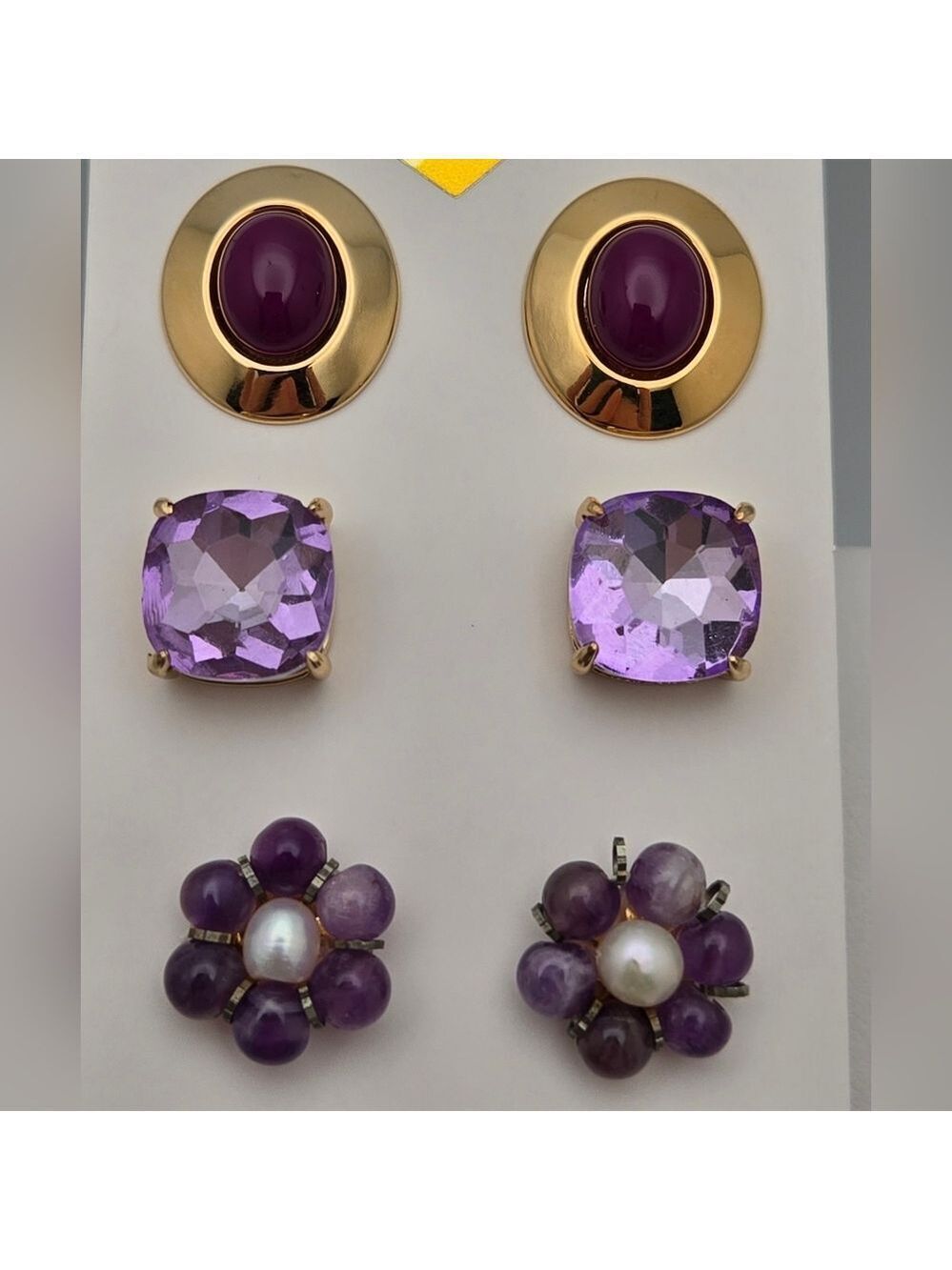 Amethyst & Gold-Tone Stud Earrings Set of 3 Pairs Purple Flower